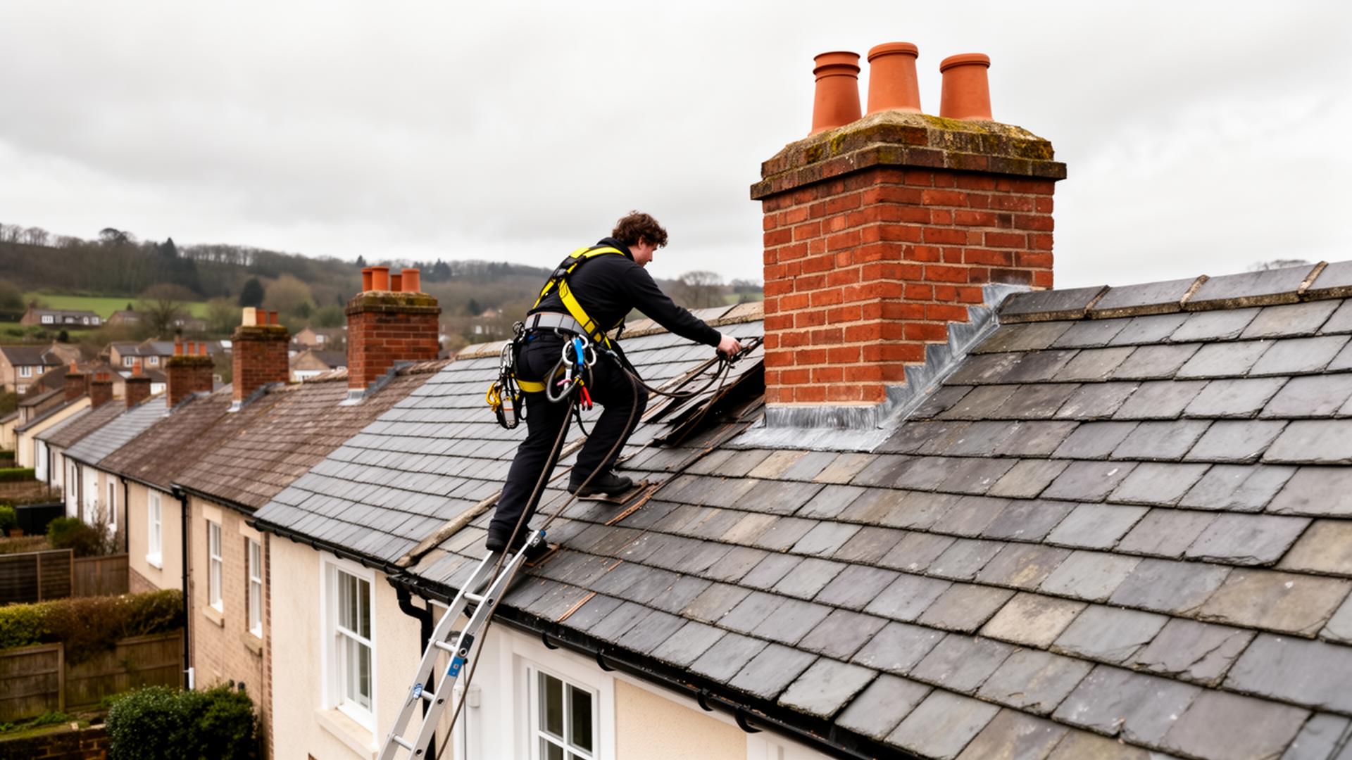 Professional roofer carrying out slate roof repairs on a British home